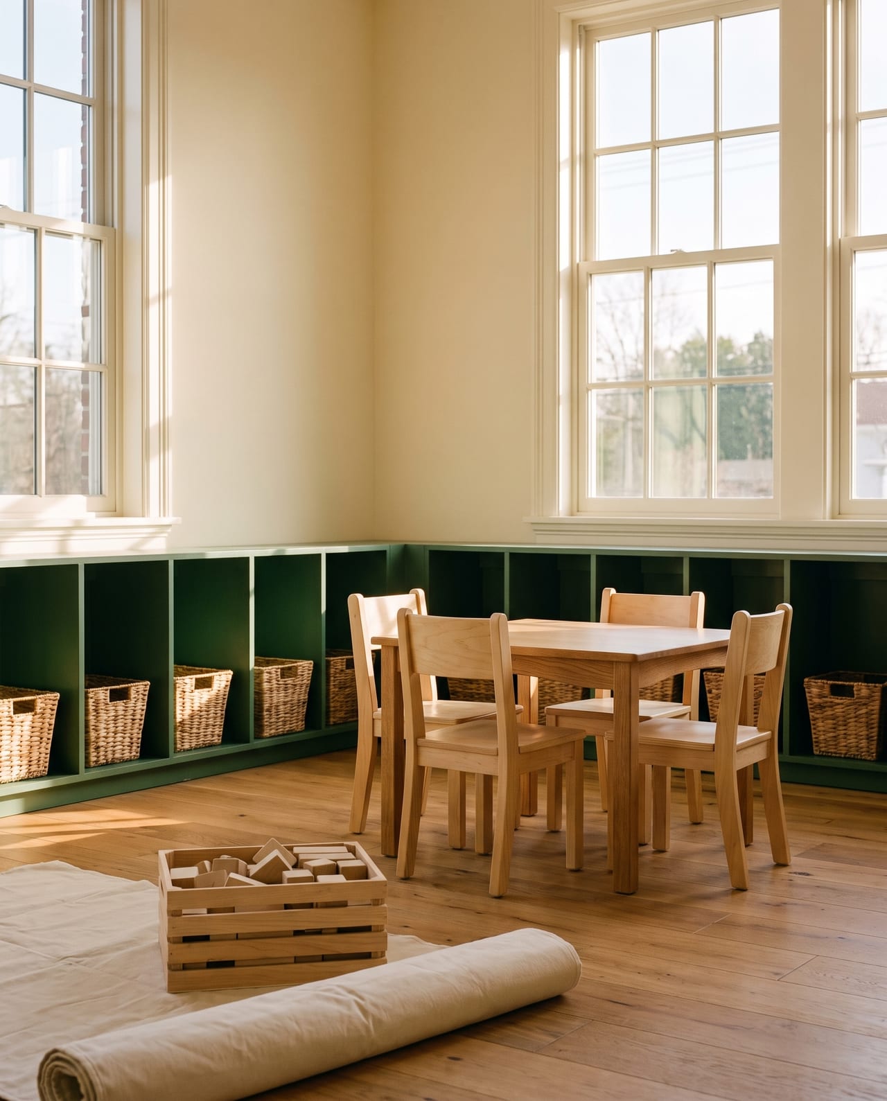 An empty classroom in warm morning light: low forest-green cubbies, an oak activity table with three blonde-wood chairs, a rolled play mat and a crate of wooden blocks. No children or staff.