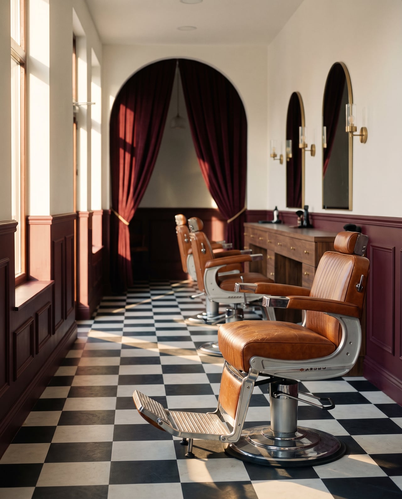 Empty Crown and Line studio: cognac barber chairs, burgundy arches, brass-framed mirrors and a checkerboard floor in late-afternoon light.