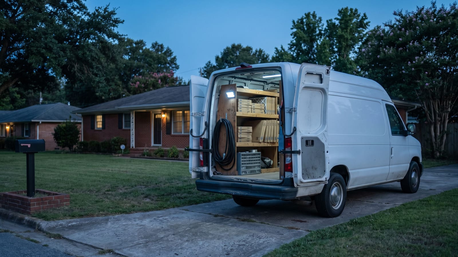 A plain white service van parked in the driveway of a single-storey brick ranch house at dusk, its rear doors open on neatly shelved parts and a work light.