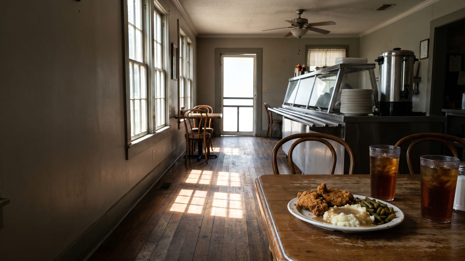 The dining room at Ruby Mae&rsquo;s at midday: tall multi-pane windows down the left wall throwing hard bars of light across a plank floor, bentwood chairs, a steam-table counter and coffee urn at the right, and a plate of fried chicken with two glasses of iced tea on the near table.